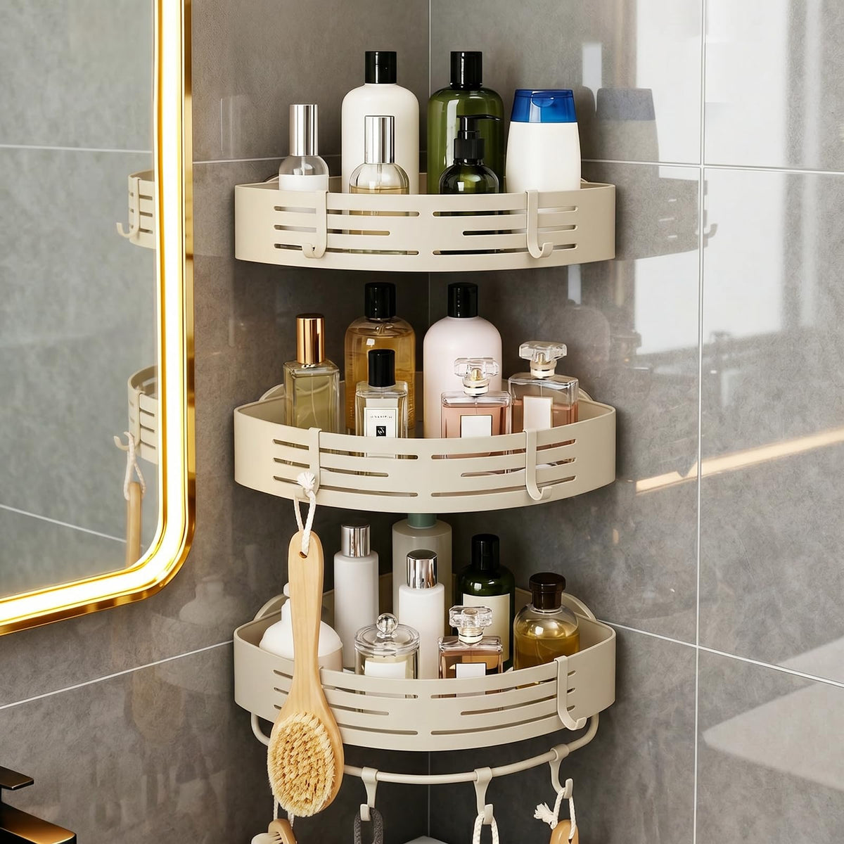 3-Tier No-Drill Storage Caddy with Hooks&Towel Bar,Organizing Solution for Bathroom,Shower&Kitchen,Holds Shampoos,Soaps,Sponges&Cleaners,Triangle
