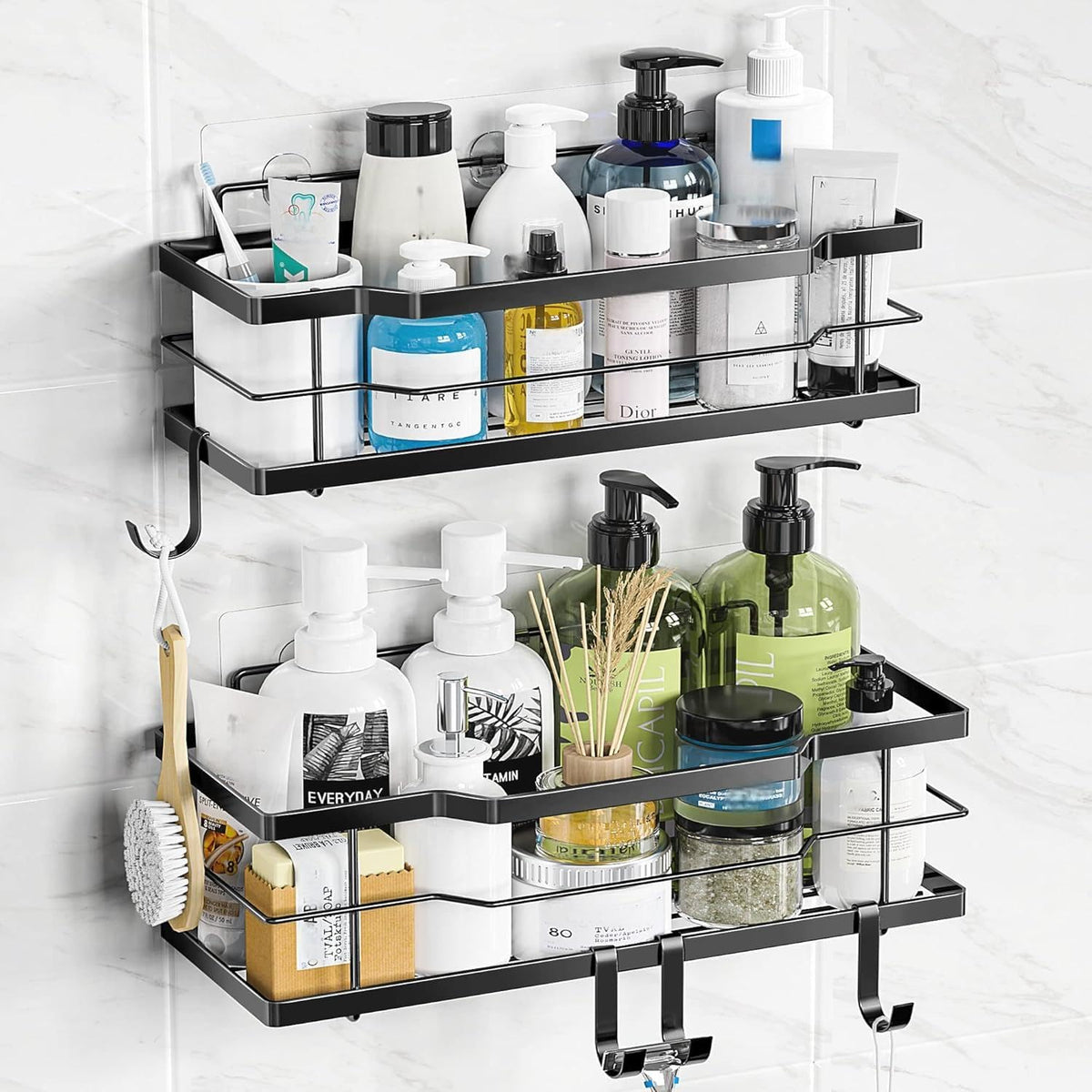 Moforoco Suction Cup Shower Caddy Shelf Organizer Rack, Black Bathroom Shelves Basket, Home Farmhouse Wall Inside Organization and Storage