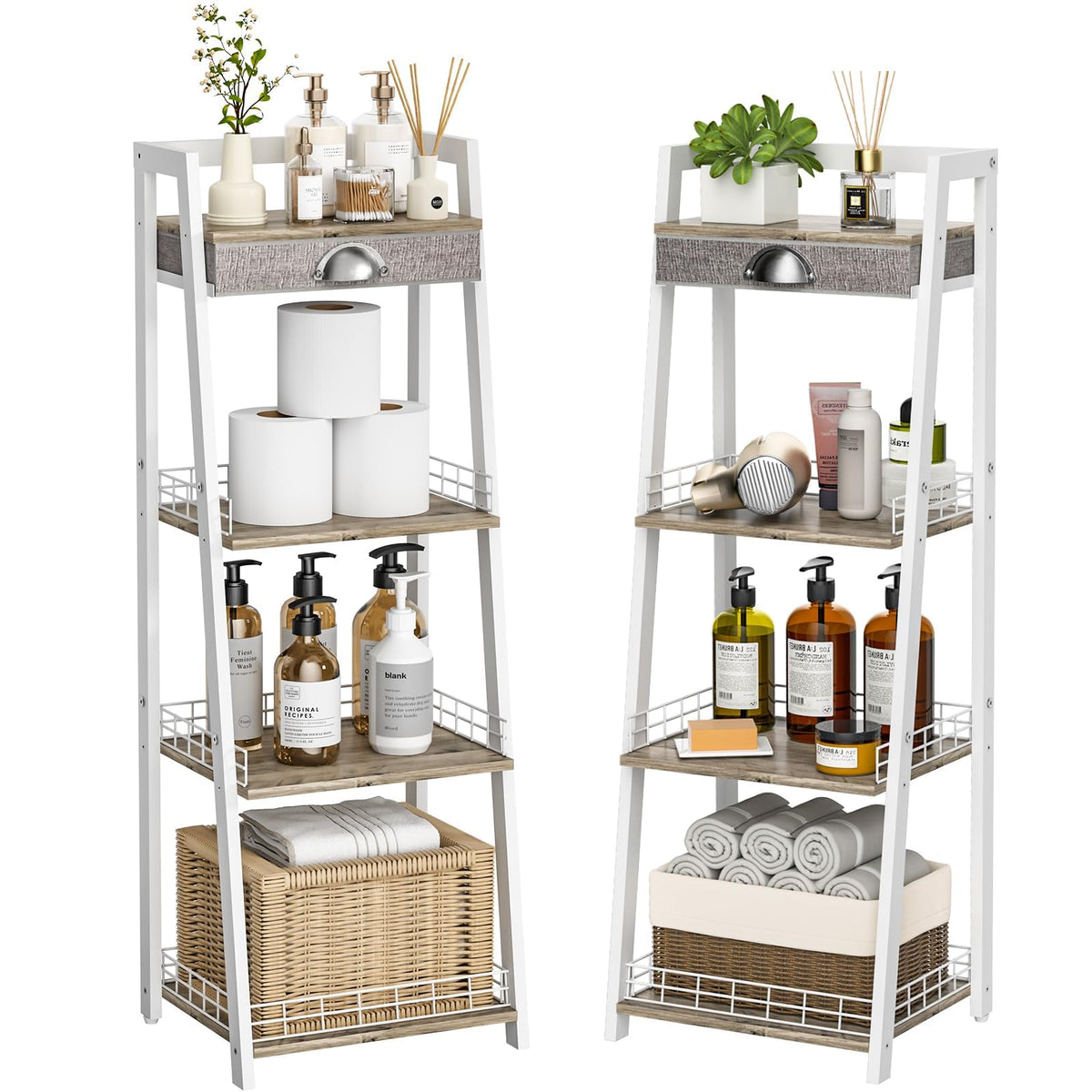 keomaisyto 3-Tier Narrow Bathroom Shelves with Drawer, Bathroom Organizers and Storage, Open Floor Ladder Shelf, Freestanding Tower Slim Standing Unit for Small Spaces - Rustic Brown