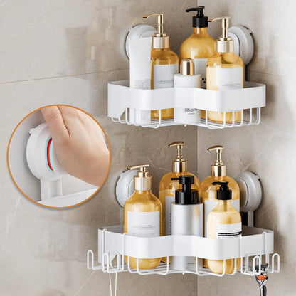 LEVERLOC Corner Shower Caddy Suction Cup, Black Shower Organizer With Hooks