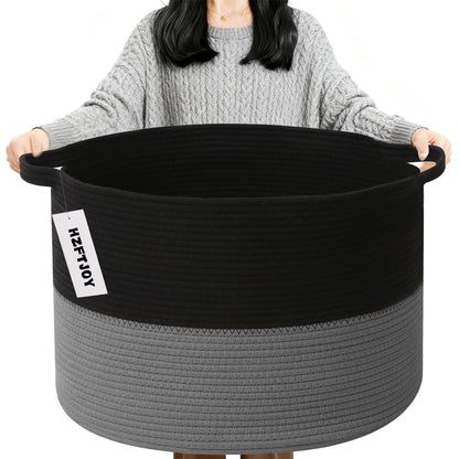 Large Woven Blanket Basket,65L Cotton Rope Laundry Basket
