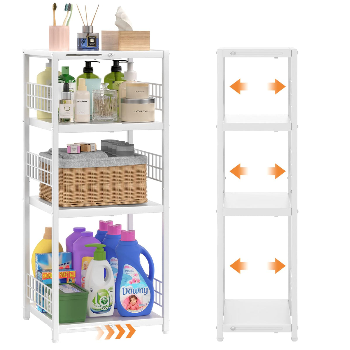 DAOUTIME Expandable Slim Storage Shelf, 3 Tier Metal Shelving Unit for Bathroom Storage Organizer, Free-Standing Narrow Shelf, Open Floor Shelves for Small Spaces,Laundry,Bathroom,Kitchen, White