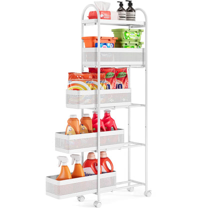 KINGRACK 4 Tier Slim Rolling Cart with Drawer, Metal Utility Storage Cart