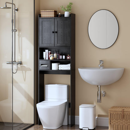Over the Toilet Storage Cabinet, Tall Slim Bathroom Organizer with Doors, Adjustable Shelves & Built-in Toilet Paper Holder, Space-Saving Above Toilet Cabinet for Small Bathrooms(White)