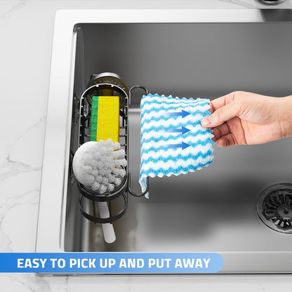 Cisily Kitchen Sponge Holder for Kitchen Sink with 2 Suction Cups/1 Adhesive Strips, Stainless Steel Kitchen Caddy Sink Organizer, Brush Holder, Dish Cloth Hanger, Sink Stopper Holder (Black)
