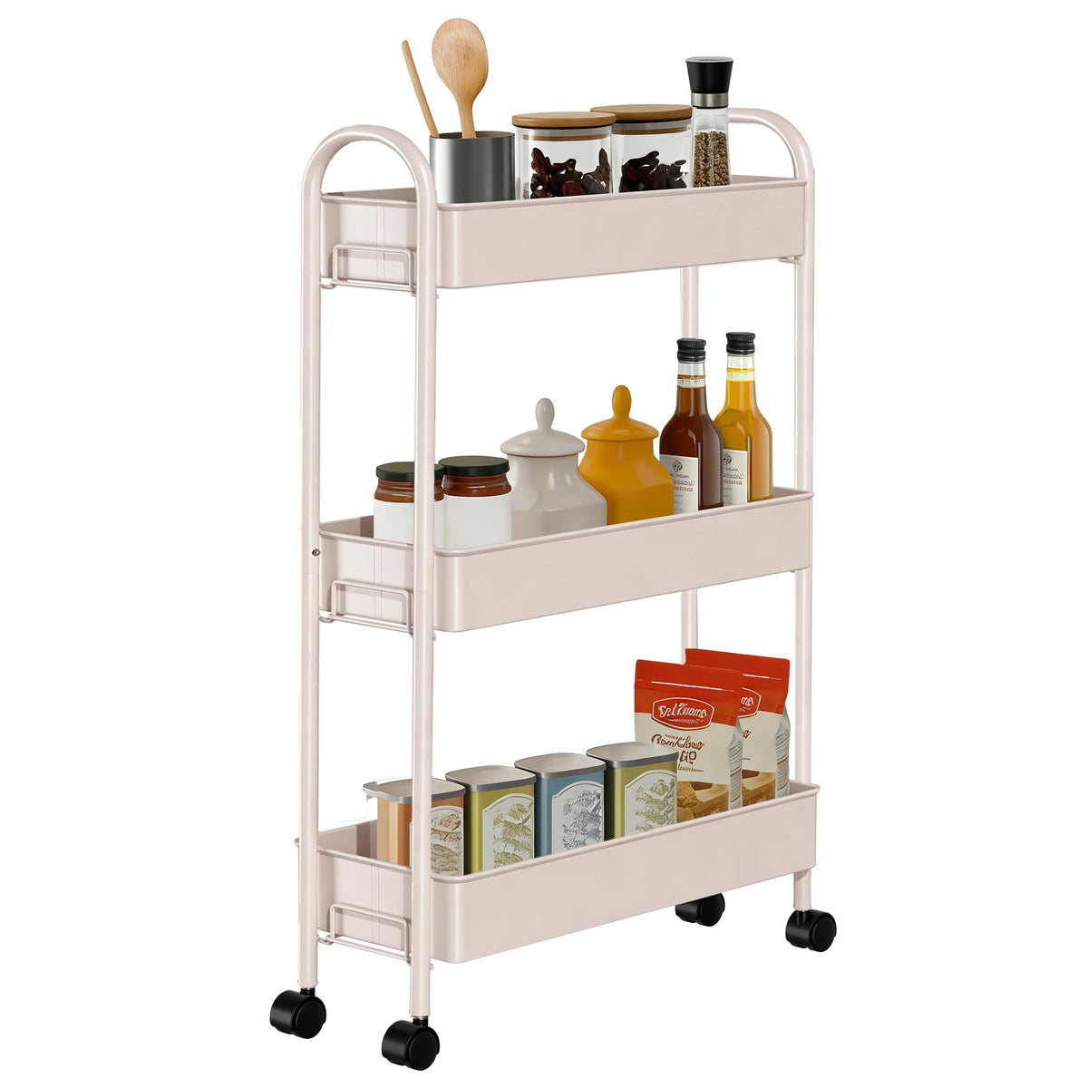 Slim Rolling Cart, Metal Frame Utility Rolling 3-Tier Narrow Storage Cart