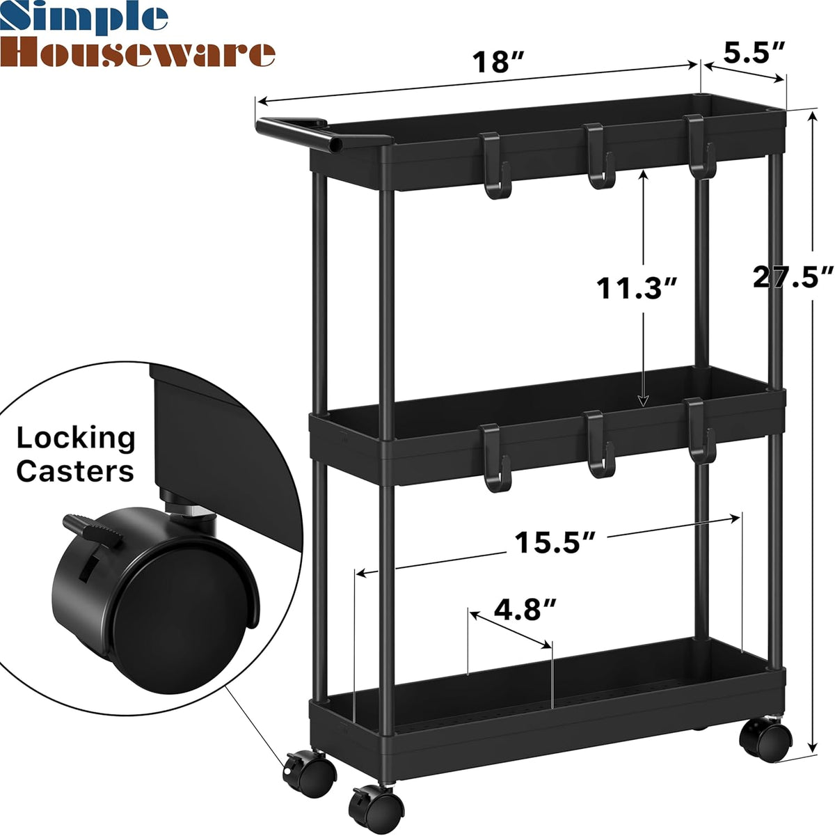 Simple Houseware 3-Tier Slim Rolling Cart w/Handle 5.5" Wx27.5 H, Black