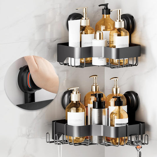 LEVERLOC Corner Shower Caddy Suction Cup, Black Shower Organizer With Hooks