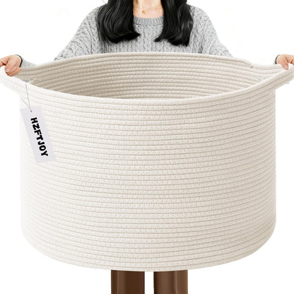 Large Woven Blanket Basket,65L Cotton Rope Laundry Basket