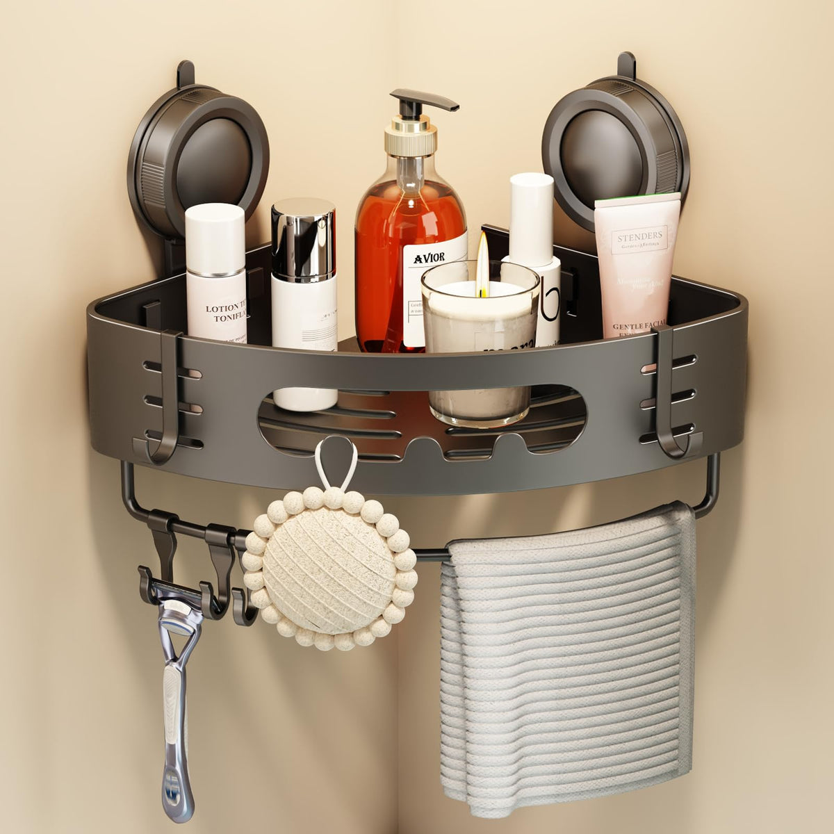 Voldra Corner Shower Caddy Suction Cup, Aluminum Corner Shower Shelves for Wall No Drilling, Large Suction Cup Shower Organizer with Towel Bar & Hooks Removable Bathroom Storage(2 Pack-Cream White)