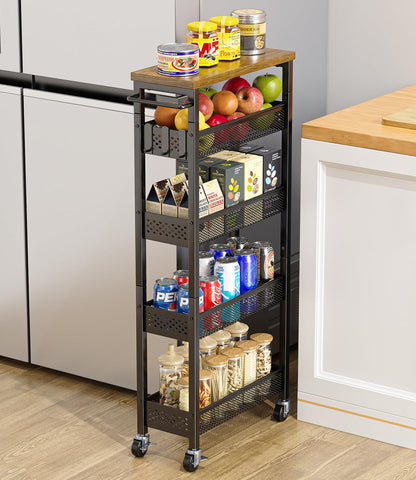 Giwil Slim Rolling Storage Cart 4 Tier Bathroom Organizer Mobile Shelving Unit Utility Cart with Wood Top and Handle for Kitchen Laundry Narrow Places, White