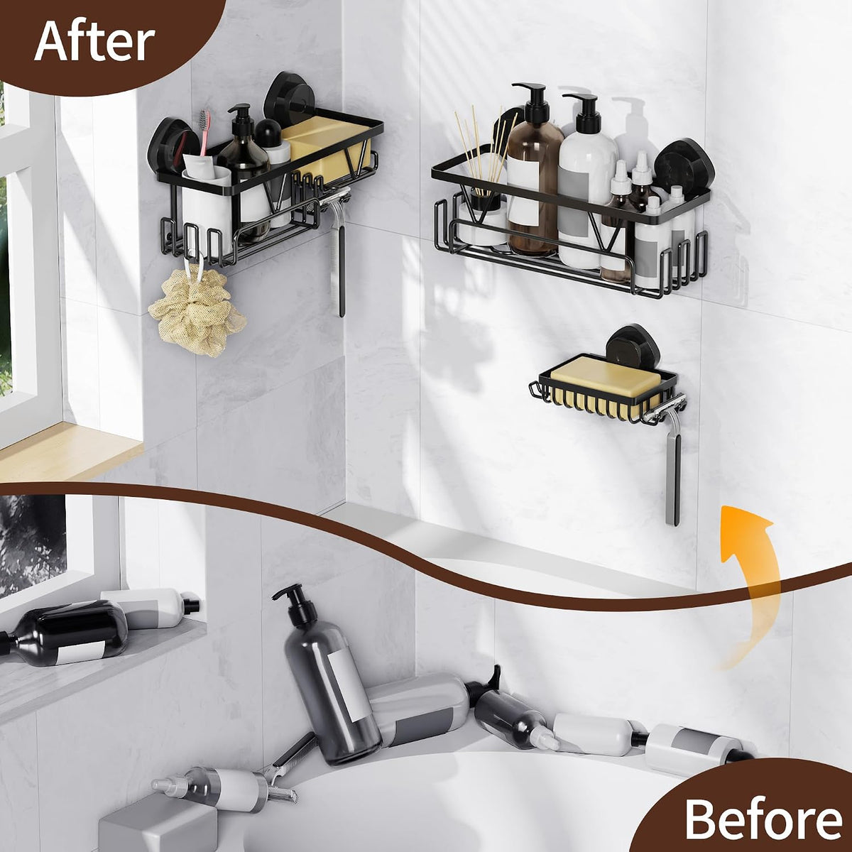 KEGII Shower Caddy Suction Cup, 3 Pack Removable Shower Shelves with Hooks & Soap Holder, No Drilling Bathroom Organizer, Waterproof Suction Storage for Inside Shower, Black