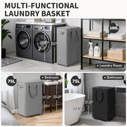 Goodpick 75L Rolling Laundry Basket with Wheels and Lid, Grey
