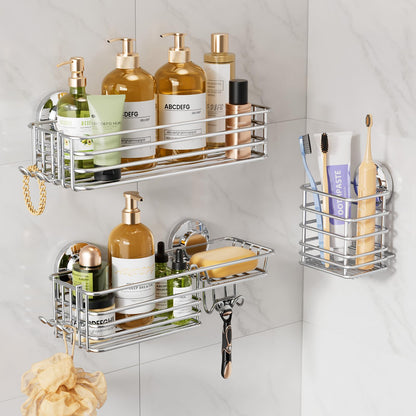 LEVERLOC Shower Caddy Suction Cup, 2 Pack Shower Shelves for Inside Shower with Hooks & Soap Holder, NO-Drilling Bathroom Shower Organizer, Rustproof Meatl Shower Holder Storage, Black