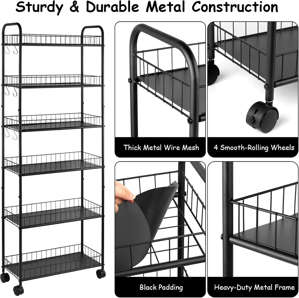 6-Tier Slim Rolling Storage Cart with Wheels, Tall Narrow Storage Shelves for Small Spaces, Metal Utility Cart Mobile Shelving Unit on Wheels for Kitchen, Bathroom, Office