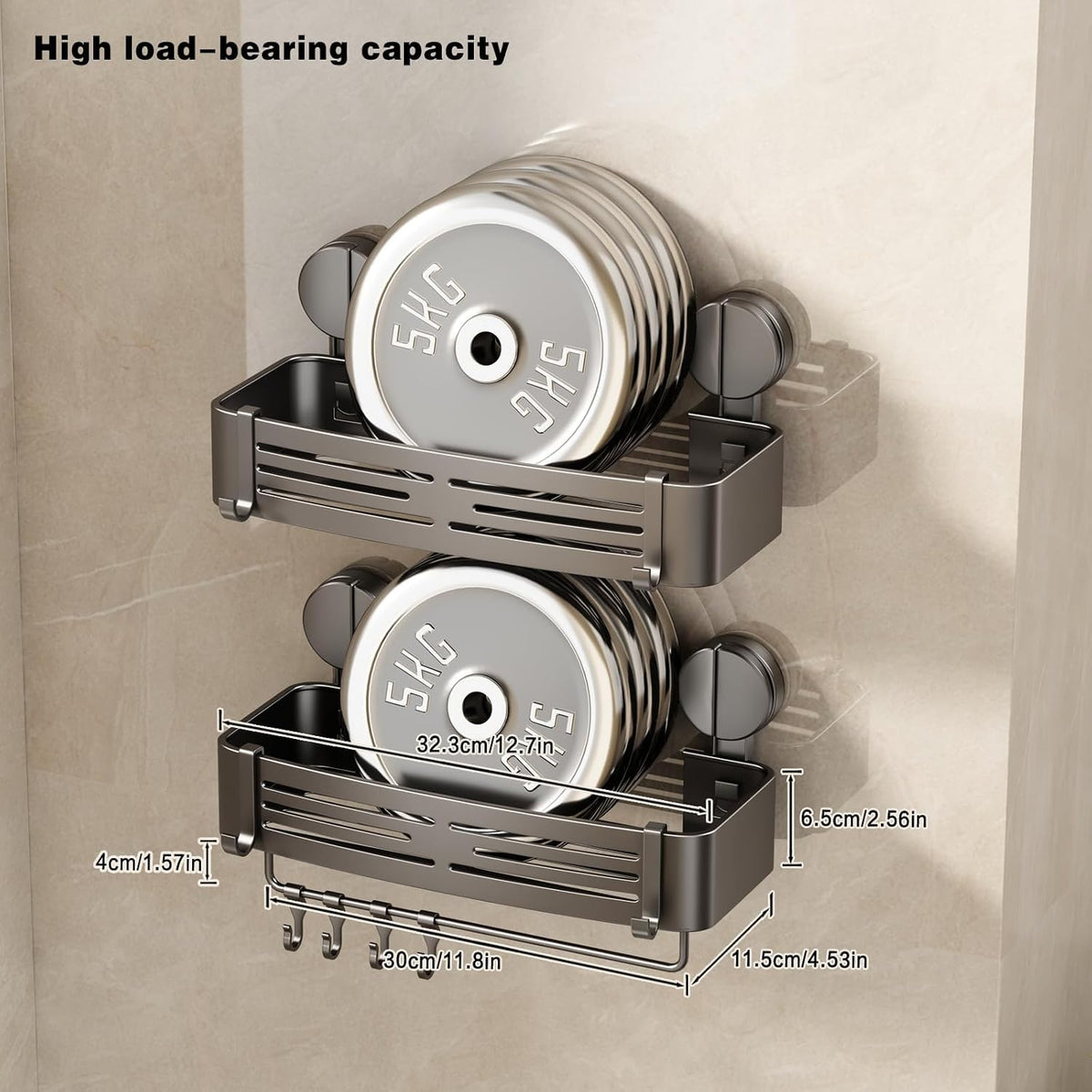 VOLPONE Shower Caddy Suction Shower Shelf No Drilling Shower Organizer Suction Cup Shower Storage Rack Aluminum Wall Mounted Shampoo Holder with Towel Bar Hooks (2-Pack, Matte Gray)