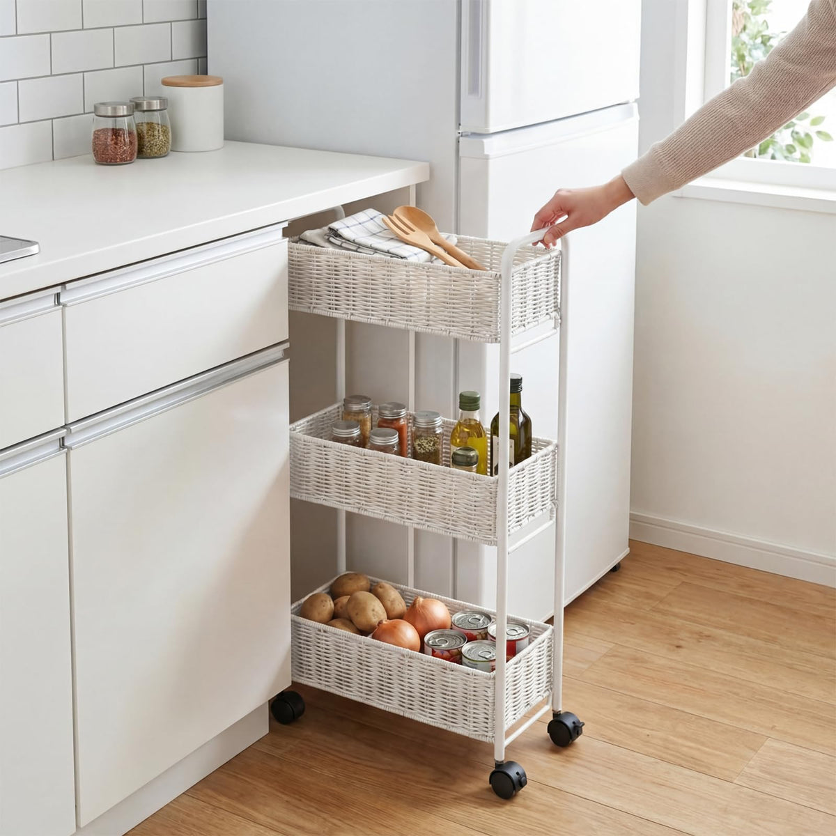 FOCHIER F Utility Slim Storage Cart,3-Tier Rolling Kitchen Office Laundry Room Cart,Mobile Shelving Unit Organizer for Living Room Bathroom Baby Diaper Narrow Places (Natural, 3 Tiers-7.1 inch (W))