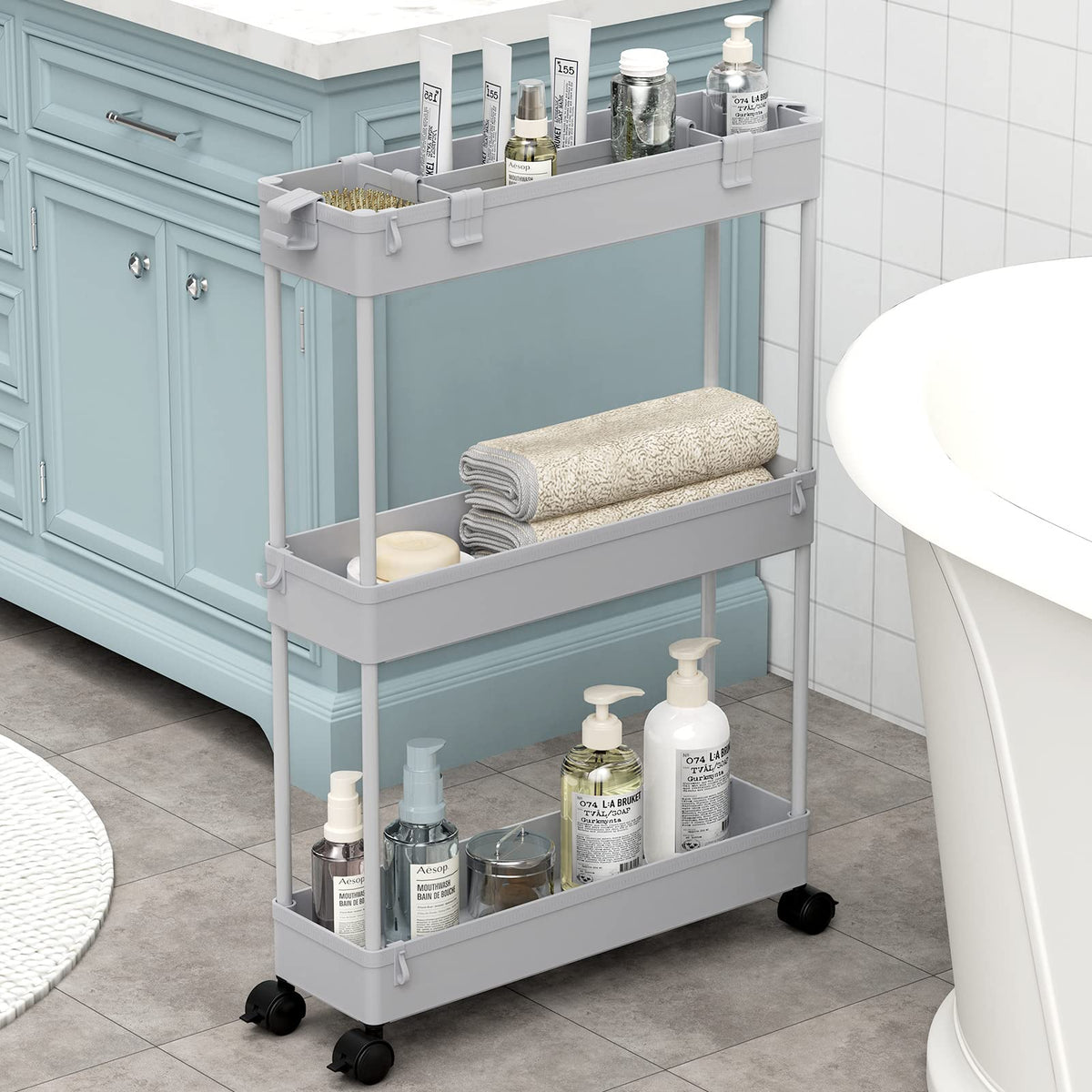 SPACELEAD Slim Storage Cart 3 Tier,Bathroom Organizer Rolling Utility,Mobile Shelving Unit Slide Out for Office, Kitchen, Laundry Room & Narrow Places,Black