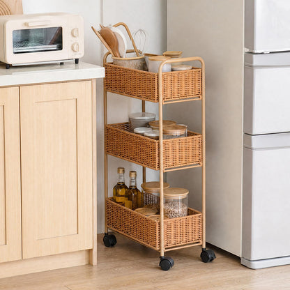 FOCHIER F Utility Slim Storage Cart,3-Tier Rolling Kitchen Office Laundry Room Cart,Mobile Shelving Unit Organizer for Living Room Bathroom Baby Diaper Narrow Places (Natural, 3 Tiers-7.1 inch (W))
