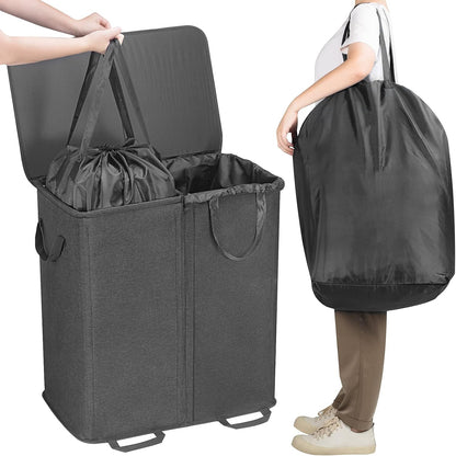 Lifewit Double Laundry Hamper with Lid, Removable Laundry Bags, Black