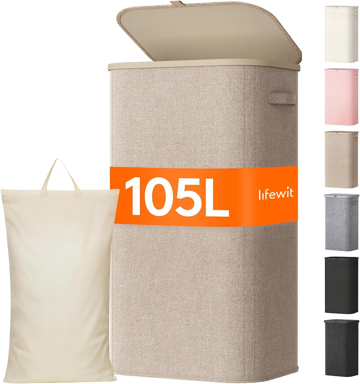 Lifewit 105L Large Laundry Hamper with Lid, Removable Inner Bag, Beige