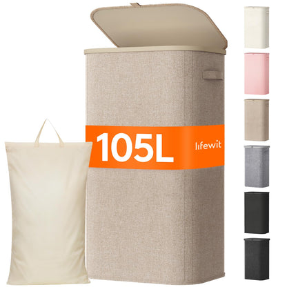 Lifewit 105L Large Laundry Hamper with Lid, Removable Inner Bag, Beige