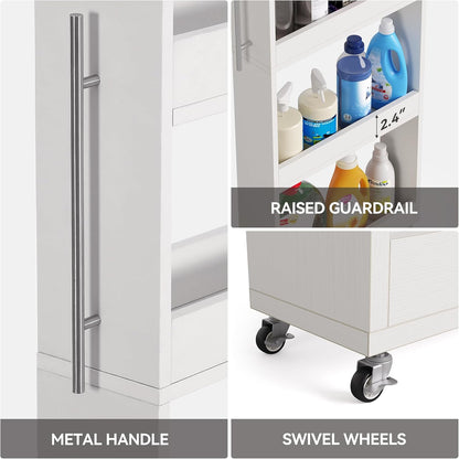 LITTLE TREE 63-Inch Slim Storage Cart on Wheels, 5-Tier Tall Narrow Mobile Shelf Organizer, Rolling Utility Cart with Metal Handle for Kitchen, Dining Room, Small Spaces, White