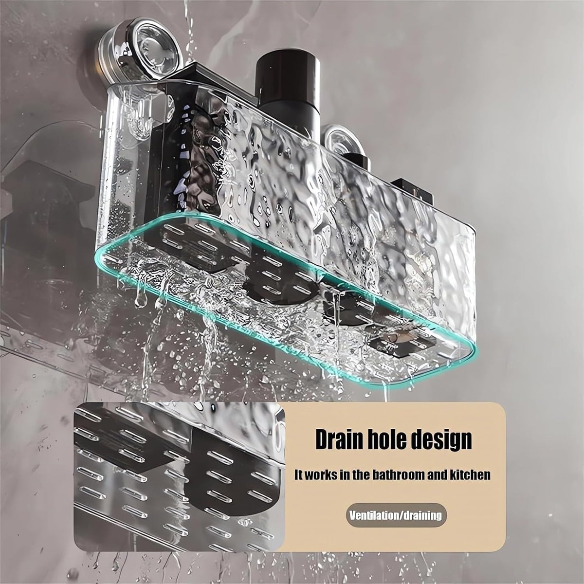 Corrugated Suction Cup Storage Holder Corner Shower Caddy Large Organizer Bathroom Shelf Clear Acrylic Shower Tray Shelves Inside Floating Shower Wall Shelf Bath Basket Rack Heavy Duty (Corner-Grey)