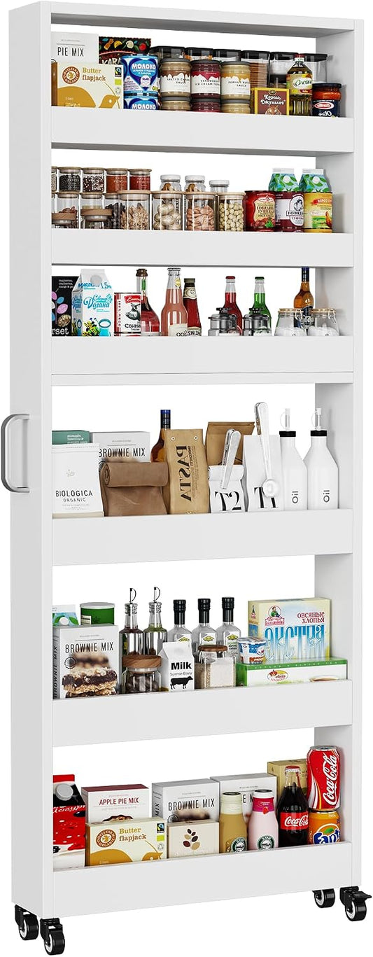 Slim Storage Cart, Lightweight 6 Tier Metal Rolling Utility Kitchen Cart on Wheels, Mobile Storage Shelving Unit Organizer for Bathroom Laundry Office Narrow Places (White, 6" D)