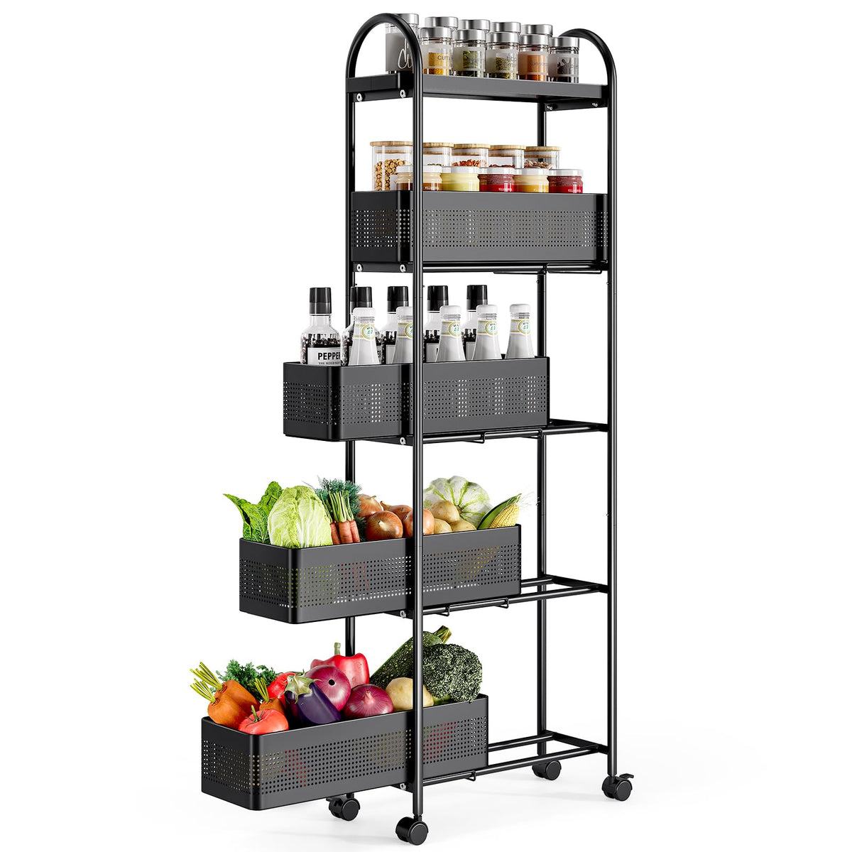 KINGRACK 4 Tier Slim Rolling Cart with Drawer, Metal Utility Storage Cart