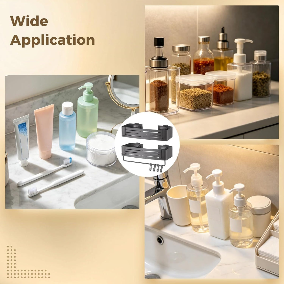 2 Pcs Square Shower Caddy, Double-Layer Suction Cup No-Drilling Aluminum Organizer, Gray Wall Mount Bathroom Shelves with Towel Bar & Hooks, Space-Saving for Shower & Kitchen