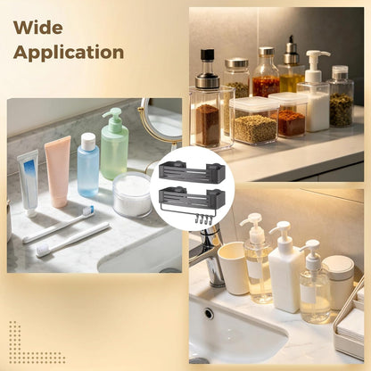2 Pcs Square Shower Caddy, Double-Layer Suction Cup No-Drilling Aluminum Organizer, Gray Wall Mount Bathroom Shelves with Towel Bar & Hooks, Space-Saving for Shower & Kitchen