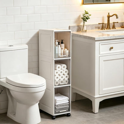 Narrow Bathroom Storage Cabinet with 4 Wheels, 3Tier Slim Storage Organizer