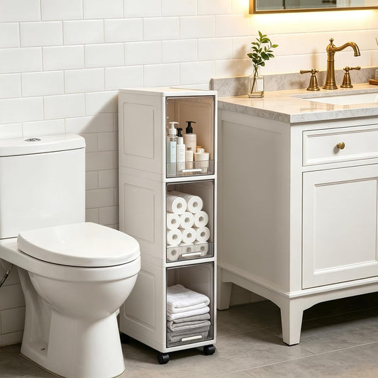 Narrow Bathroom Storage Cabinet with 4 Wheels, 3Tier Slim Storage Organizer