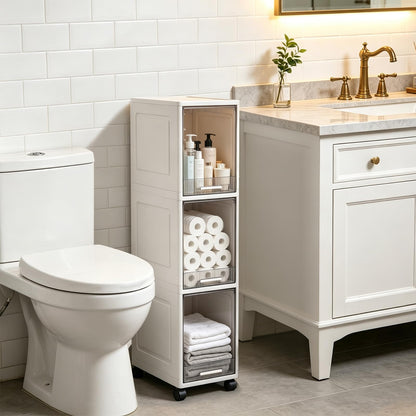 Narrow Bathroom Storage Cabinet with 4 Wheels, 3Tier Slim Storage Organizer