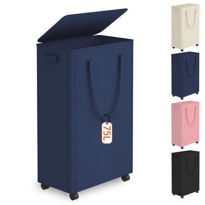 Slim Laundry Hamper with Wheels,20 Gal (75L) Rolling Laundry Basket with lid and wheels Clothes Hamper Foldable Tall Dirty Clothes Basket Sturdy Collapsible Clothes Hamper for Dorm,Laundry Room