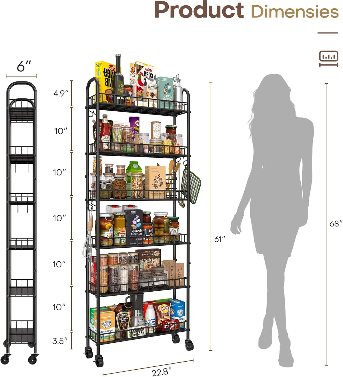 Slim Rolling Storage Cart with Wheels, Metal 6 Tier Spice Rack Mobile Shelving Unit Organizer Kitchen Utility Cart for Office Bathroom Kitchen Laundry Room Narrow Places (6inches)