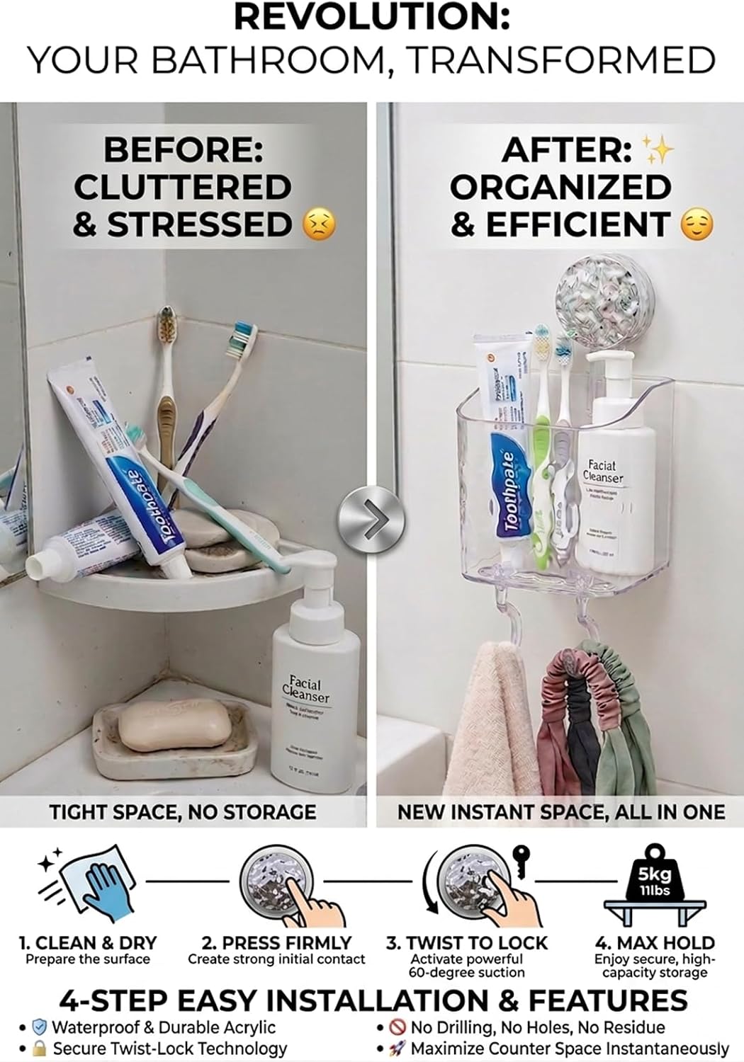 HOME&I Clear Suction Cup Toothbrush Holder for Shower Wall, Twist-to-Lock Drill-Free Bathroom Organizer with 2 Hooks, Self-Draining Wall Storage for Toothpaste, Razor & Accessories