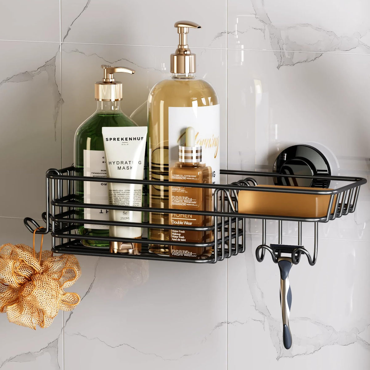 TAILI Shower Caddy Suction Cup 2 Pack with Hooks & Soap Holder, Heavy Duty Shower Organizer for Bathroom, No Drilling Bathroom Organizer with Large Capacity, Metal Storage Holder-Grey