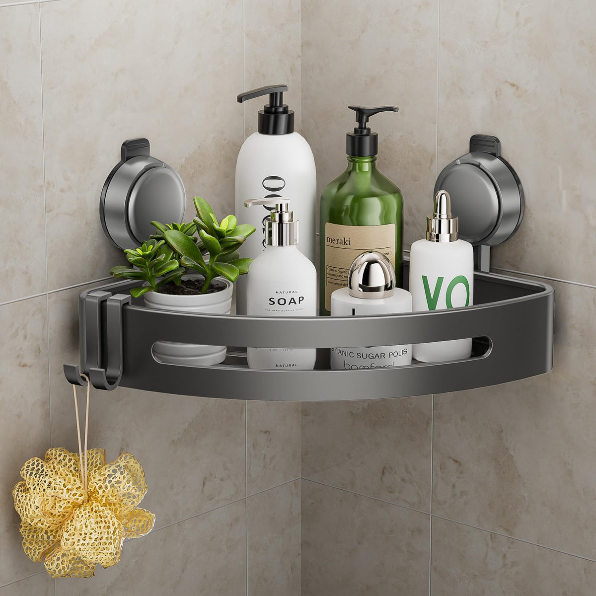 Corner Shower Caddy Suction Cup,Shower Shelves with Hooks,No Drilling Powerful Upgrade Suction Bathroom Corner Organizers and Storage,Removable Waterproof Rustproof Shower Shelf Bathroom Decor