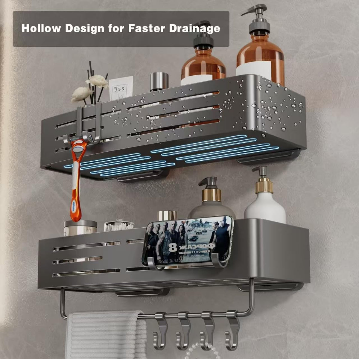 Voldra Shower Caddy Suction Cup, 3 Pack Shower Shelves for Inside Shower No Drilling, Aluminum Suction Showers Organizer with Towel Bar & Hooks Removable Bathroom Shelf Storage Rack(Gray)