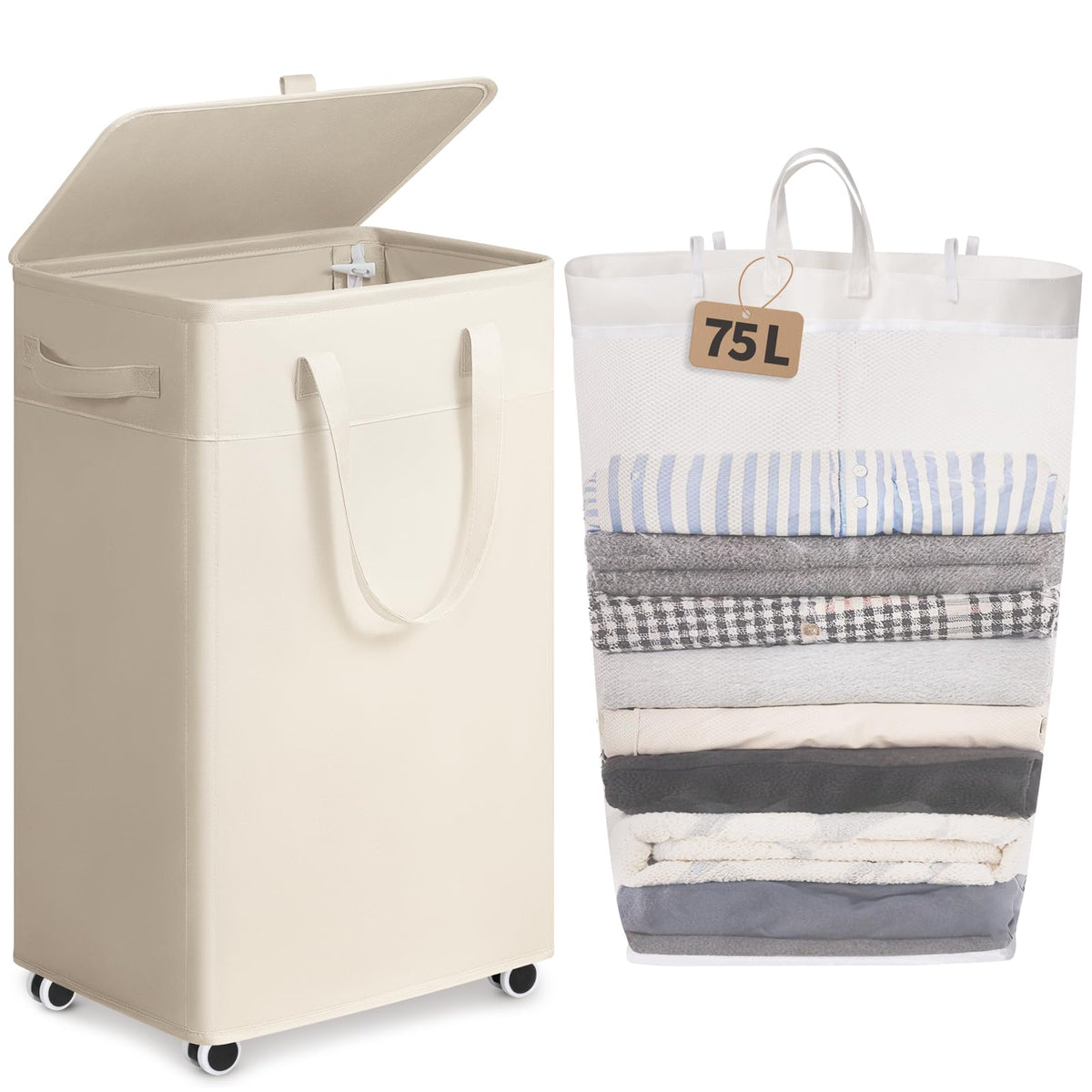 Goodpick 75L Rolling Laundry Basket with Wheels and Lid, Grey