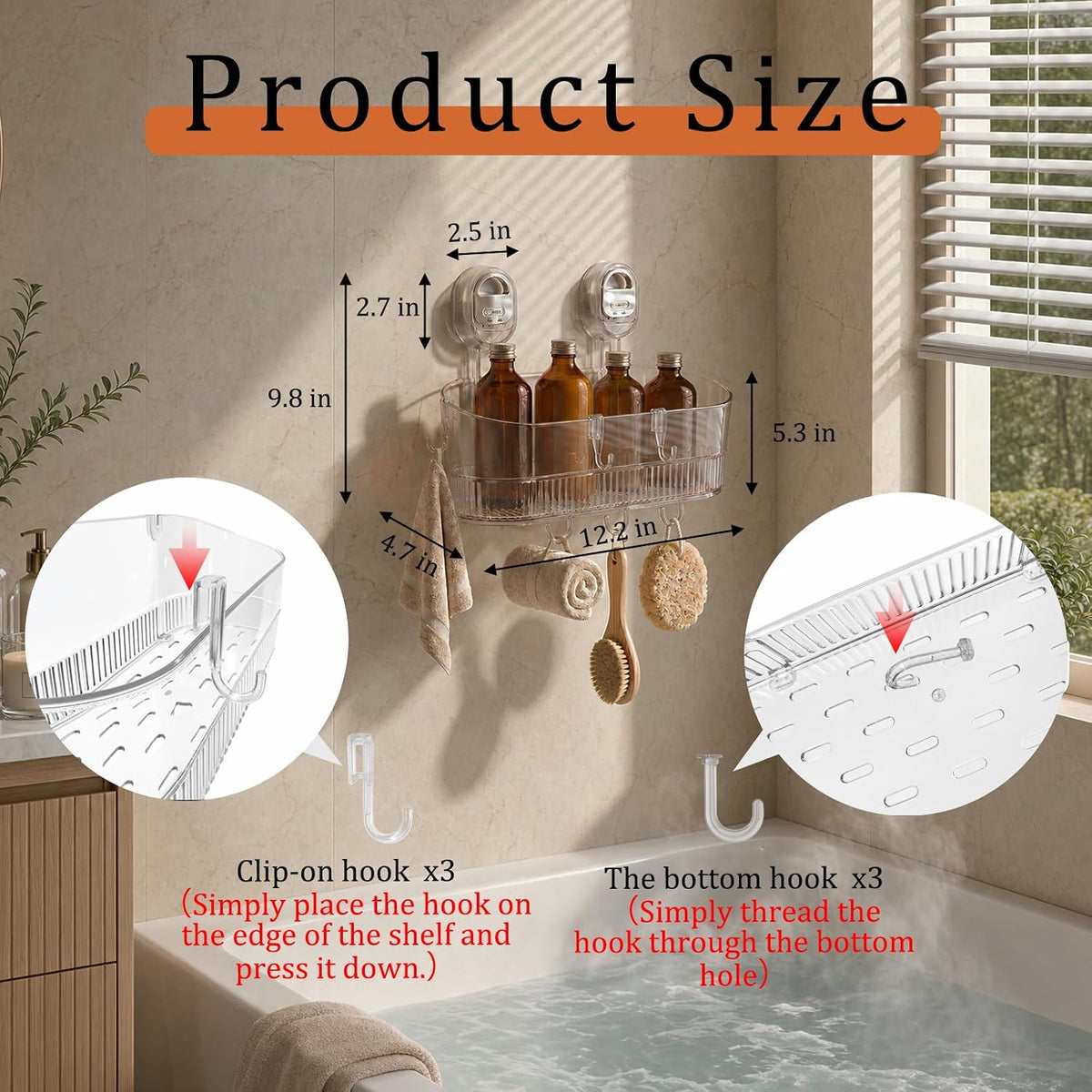 AVOKIHI Suction Cup Shower Caddy with 6 Hooks, No Drill Shower Shelf