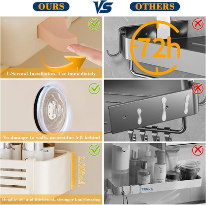 Shower Caddy Suction Cup, No-Drilling Hanging Shower Shelves with Hooks, Waterproof & Rustproof Removable Shower Organizer for Bathroom Storage