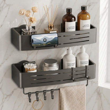 2 PCS Corner Shower Caddy Suction Cup with Hooks, No-Drilling (Gray)