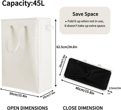 Odonata Slim Laundry Hamper Handles Collapsible Laundry Basket Thin Dirty Clothes Basket Narrow Laundry Bag Foldable Dirty Hamper 45L (Beige)