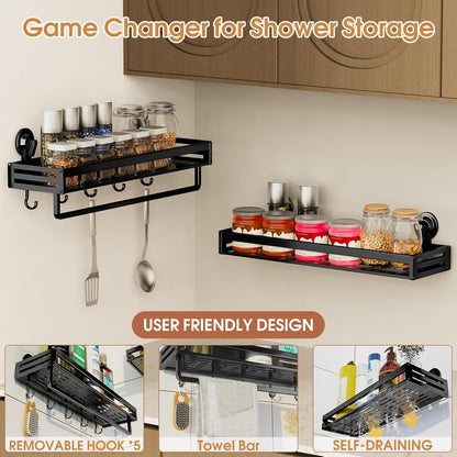 Suction Cup Shower Caddy with 5 Hooks & Towel Rrack 11.8inch Black