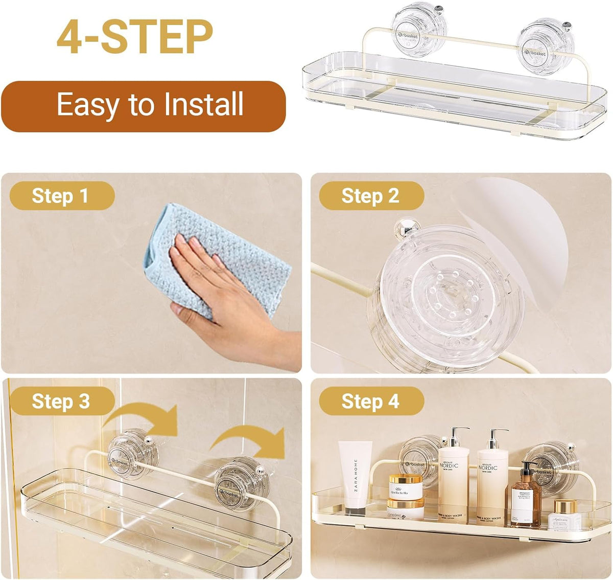 Suction Cup Shower Caddy, Wall Mounted No Drilling Bathroom Shower Organizers Storage Rack, Removable Shelves for Inside the Shower, Clear