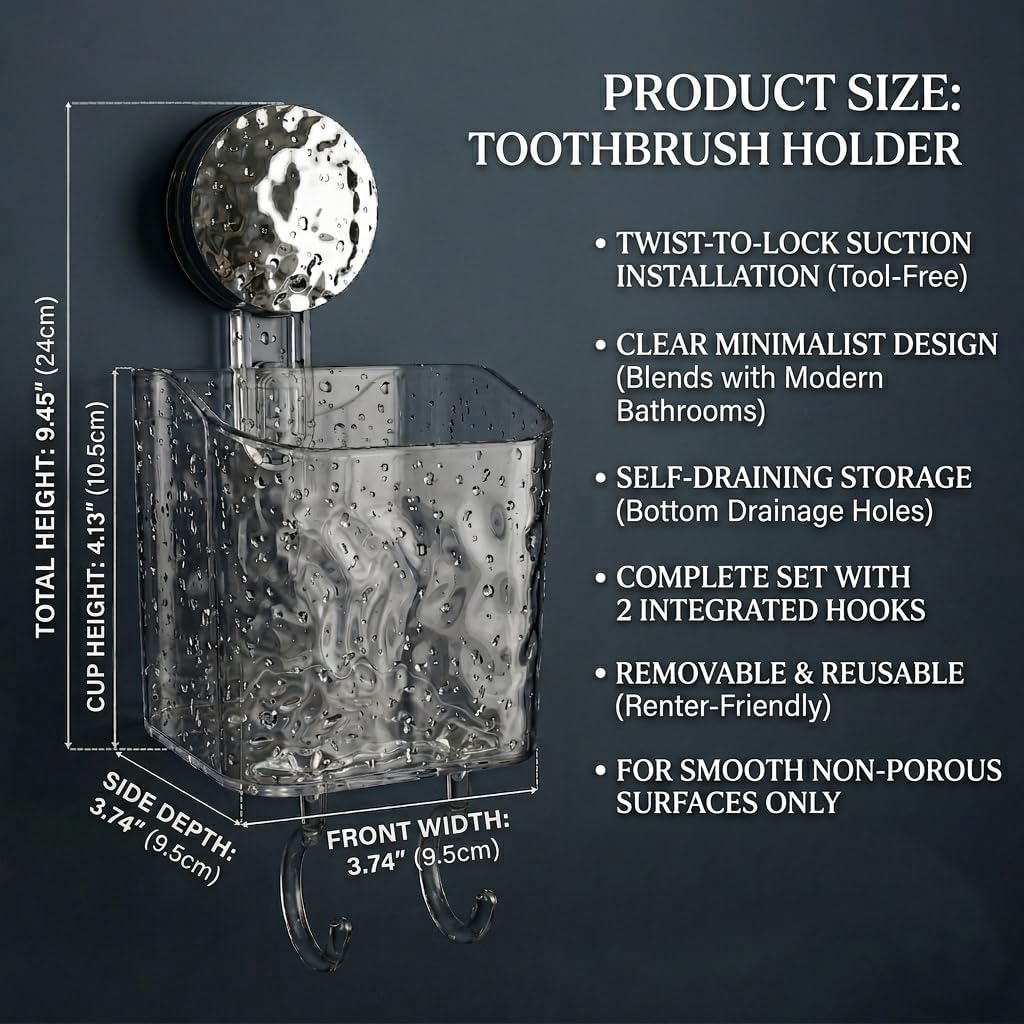 HOME&I Clear Suction Cup Toothbrush Holder for Shower Wall, Twist-to-Lock Drill-Free Bathroom Organizer with 2 Hooks, Self-Draining Wall Storage for Toothpaste, Razor & Accessories