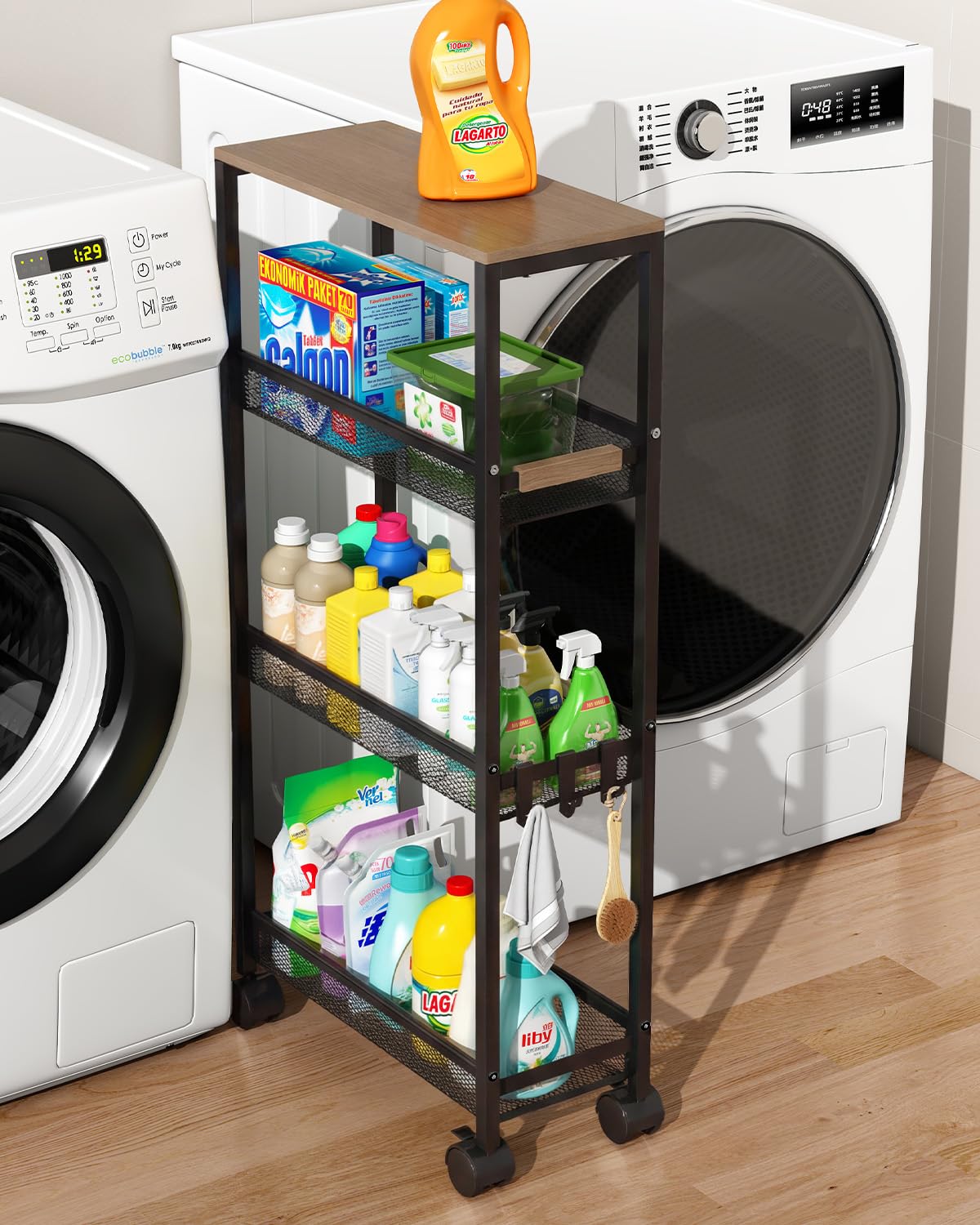 4-Tier Slim Utility Rolling Laundry Cart with Wheels, White